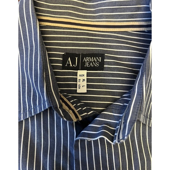 Mens Armani Jeans Stripped Button Up Shirt Size XL Blue And White - Picture 5 of 8